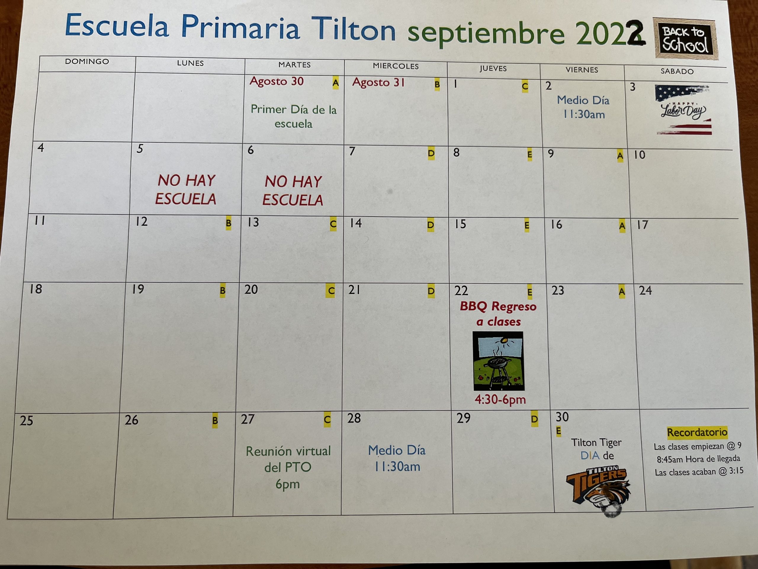 September Calendar Tilton Elementary School